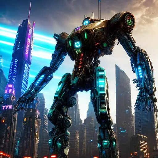 Prompt: A cyber punk 200 foot mech droid towering over a city(((( pacific rim, pacific rim, pacific rim, pacific rim, laser arm, laser arm, laser arm