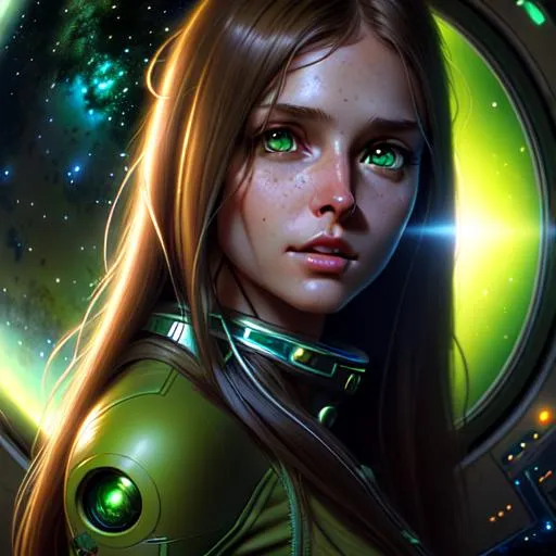 Prompt: Ultra Photo Realistic, Very Detailed, young women ,long brown hair, green eyes, talking to an Alien, very detailed eyes, hd, high definition, 8k resolution, art station, by justing gerard and greg rutkowski, digital art, Space theme background