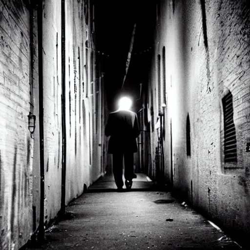 Prompt: Black and white film noir detective in a dark alley with bullet wound