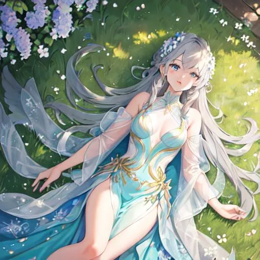 Prompt: Oil painting Birds eye view of a girl on 25 with grey hair and shining blue eyes, flowers in her hair, perfect anatomy and transparency dress with little crystals lying down in the green grass, her hair is long and is everywhere, perfect anatomy,  perfect lighting, 16k quality, 