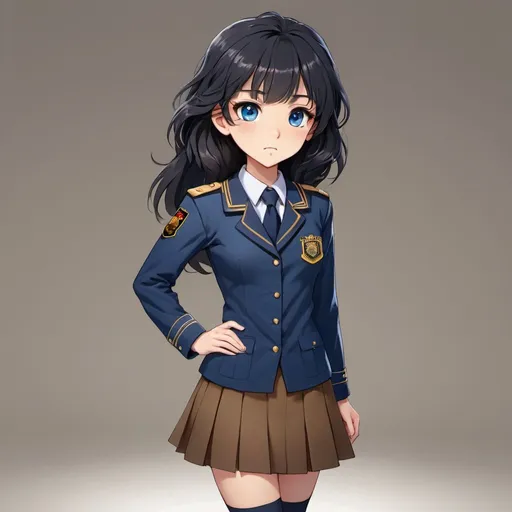 Prompt: Small chest, blue uniform, high school, black hair, long hair, black eyes, full body, brown skirt, lion's pattern badge, long rhombus eyes