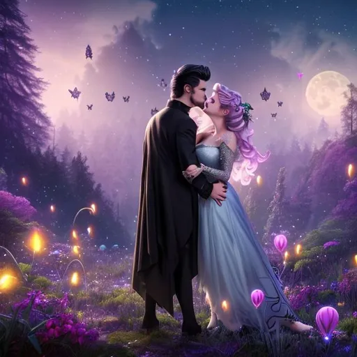 Prompt: full body portraits of handsome male vampire in black suit, kissing beautiful Fairy Godmother with small baby fairies flying around her, happy smiling faces, mysterious dark castle silhouette in fantasy forest background, full moon, glowing fireflies around the characters, many purple and pink flowers in foreground, cinematic focussing, 4k photorealistic rendering