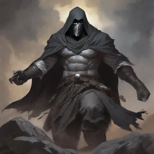 Prompt: Tall, Intimidating, Large, male, Solomon grundy built, black hair,  very dark grey scarred skin, covered in bandages, dark tattered cloth of a cleric of kelemvor that exposes his midriff,  mask with hood that covers his face, large gem inside chest,  Dungeons and Dragons 5th Edition, Path of the Zealot Barbarian, 20 Strength, 18 Constitution, very large two handed greataxe