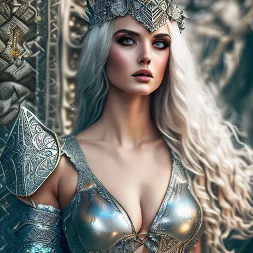 Prompt: Fantasy style, a hyper realistic detailed image, perfect composition, Toned beautiful young woman covered in nightly glow, silver and white coloured armour clothing, body facing forward, long white hair, orange eyes. 