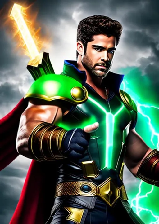 Prompt: High-resolution hyperrealistic photo of marvel's demigod {{hercules}} merged with thor, holding mjolnir, green and red and black and gold costume, uhd, hdr, 64k
