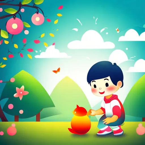 Prompt: adorable asian child art with playful nature scene

