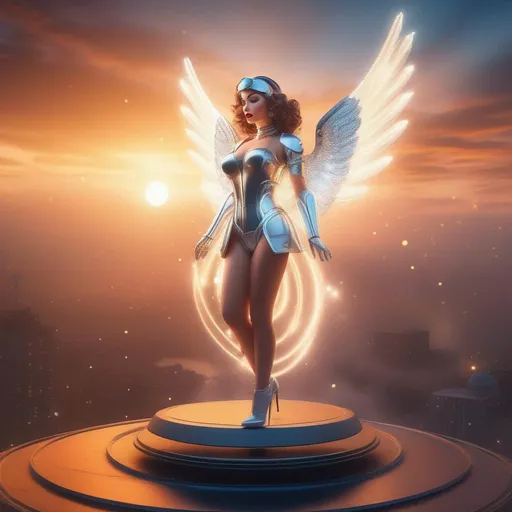 Prompt: Splash art, 50s pinup style, with swirling magical lights and dense fog, intricately detailed, full body, ultra-realistic, 3D Rendered image. Focused on an enticing, alluring, highly detailed, Futuristic female angel robot, close vantage point, facing the camera, Sunset lighting