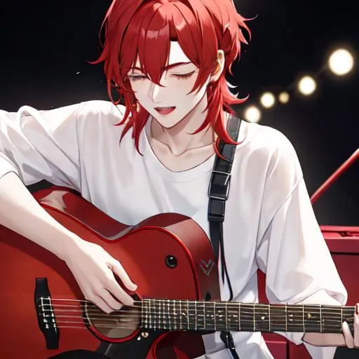 Prompt: Zerif 1male (Red side-swept hair covering his right eye) singing and playing the guitar at a concert, UHD, 8K, highly detailed
