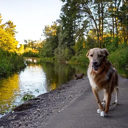 Prompt: dog looking to river fish