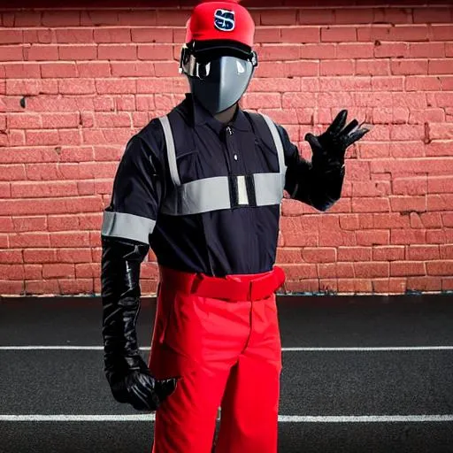 Prompt: Hyperrealistic photo of s futuristic mailman, with digital visors, with mesh gloves, red breathable form fitting uniform, floating utility belt, synthetic grey boots, with a black canvas bag, with digital gloves. 