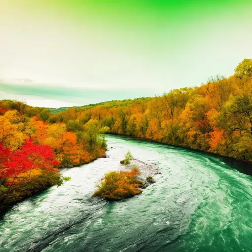 Prompt: River with green, red, yellow water 