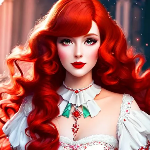 Prompt: A profoundly fair demure redhead woman is conservative servant gown.
Fantasy, stylized, CGI, red gloss lips, rosy cheeks, mystical vibe.