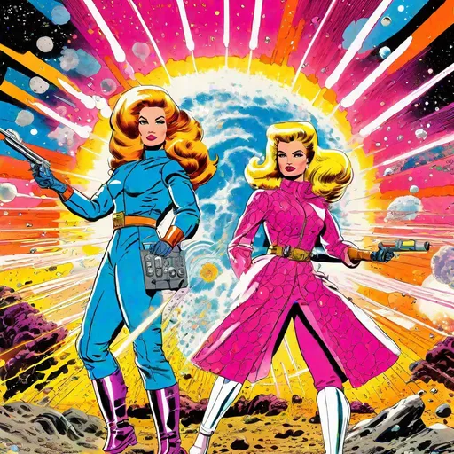 Prompt: ((In the style of retro comic book)), vibrant colors, dynamic composition, explosive energy, dramatic lighting, particle effects
Barbie, dressed in a futuristic armor suit, and Robert Oppenheimer, wearing a lab coat, stand face to face on a battlefield. The ground cracks beneath them, radiating waves of energy. A backdrop of swirling cosmic clouds fills the sky above as bolts of lightning crackle in the distance. Barbie's armor emits a dazzling glow, while Oppenheimer's lab coat billows with power. Beams of light shoot from Barbie's hands, meeting a colossal explosion of atomic particles being unleashed by Oppenheimer. The air is filled with a clash of science and fantasy as they engage in an epic battle of intelligence and imagination.