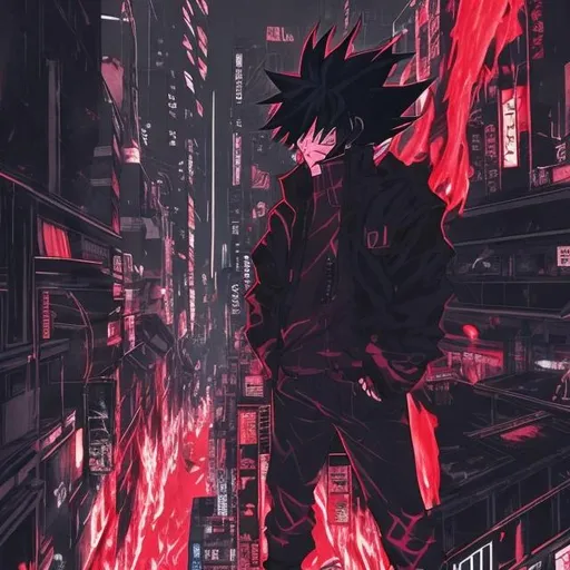 Prompt: Black and neon red. Accurate todoroki villain with ice, blood and fire. Very Dark image with lots of shadows. Background partially destroyed neo Tokyo. Noir anime. Gritty. Dirty. Visceral. 