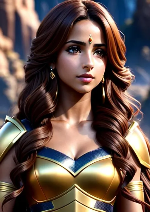 Prompt: NAOMI SCOTT, messy hair, small body,  warrior princess cosplay, full body, jewelry set balayage, brown hair, royal vibe, UHD, 8K, Very Detail. cave, masterpiece. portrait, happy face