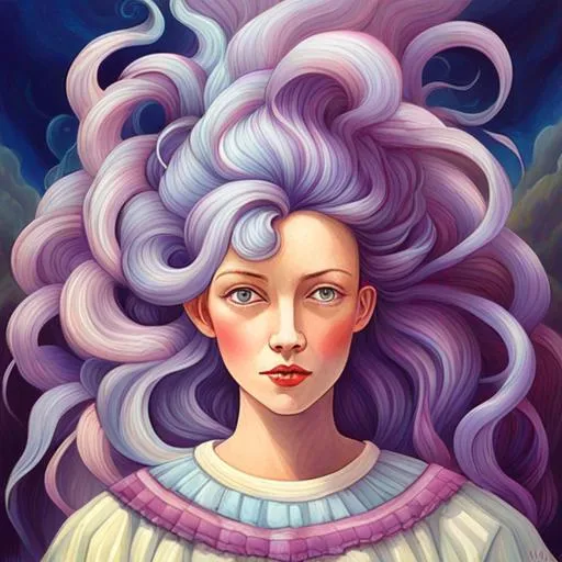 Prompt:   beautiful mature woman 50s with hair made of  floating ribbons and  smoke, beautiful sky background, colorful and vibrant, mystical  colors, contemporary impressionism,  iridescent painting, 3/4 perspective view, brian froud, cute face, low angle, sweeping circling composition, large beautiful crystal eyes, big irises