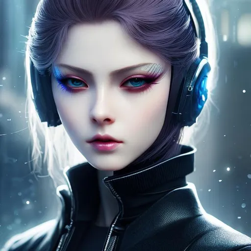 Prompt: cyber punk. mysterious lady. insanely beautiful. perfect anatomy. symmetrically perfect face. beautiful long black. beautiful amber eyes. hyper realistic. super detailed. soft colours. no extra limbs or hands or fingers or legs or arms. standing on the street. pale skin. smooth texture. realism. smoke effects.