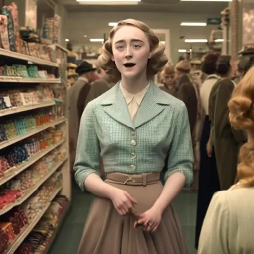 Prompt: Saoirse Ronan as an 1950s era woman shopping at a store and violently screams at a black woman 