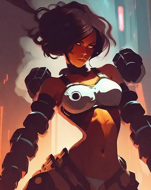 Prompt: A fierce cyborg warrior princess straps on a pair of massive mechanical arms, gears whirring as she rotates the thick hydraulic fists. Dramatic side lighting cuts through billowing smoke to silhouette her menacing form. In the style of Ilya Kuvshinov.