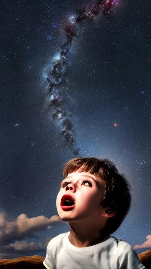 Prompt: A realistic photo of an astonished little boy look up to the midnight sky, galaxy in night sky, natural, glamorous, wonderful, stars and planets, landscape, wide view, hd, 4k, ultra realistic.