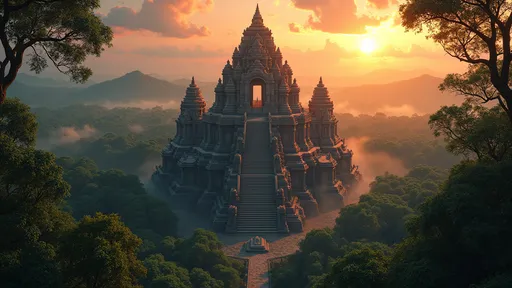 Prompt: (2D) Fantasy Illustration of a huge southern Indian temple, (birdview), surrounded by lush green jungle, intricate details of black and red marble materials, vibrant sunset casting warm hues, magical and mysterious atmosphere, enchanting light filtering through trees, rich textures, ethereal elements, ultra-detailed, captivating scenery, whimsical vibes, evoking a sense of wonder.