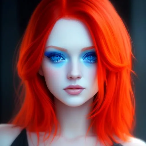 Prompt: a potrait of  aesthetically beautiful  lady red hair blue eyes neon orange


