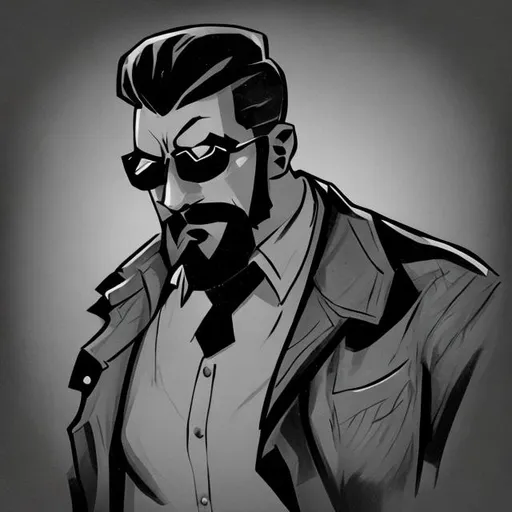 Prompt:  a muscular, bearded man dressed like a detective in a noir style