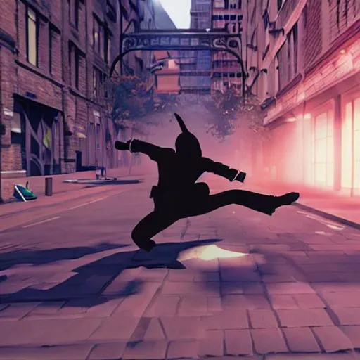 Prompt: shadow ninja break dancing, big city street, graffiti , anime, hyper realistic, 8k, unreal engine 5 , ethereal feel, mysticism , sunny day, whimsical feel