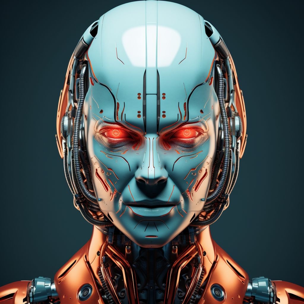 Prompt: robot head of artificial intelligence 3d illustration, in the style of distinct facial features, dark cyan and light crimson, classicist approach, chromepunk, emotive body language, focus stacking, solarization