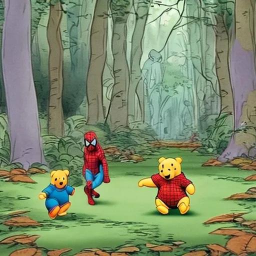 Prompt: Pooh walking in a forest with spiderman