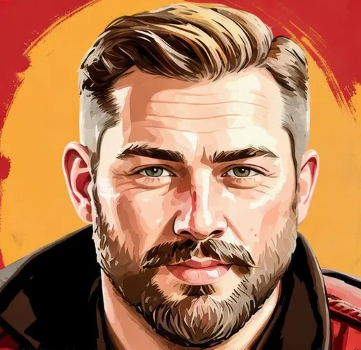 Prompt: Young White man. Short Styled haircut. Brown Hair Colour. Full Beard. Fat Face. Fair Skin. Untidy appearance. Smiling Happy Expression. Upper half portrait. Intricate detailing. Detailed Lines. Oil paint brush strokes. Western movie artwork. Red dead redemption inspired. Red background. Red background with RDR2 shadow woods. Red Dead inspired background. Red Dead Redemption Inspired background.