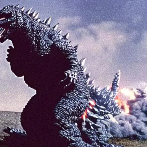 Prompt: godzilla's atomic breath hits mechagodzilla