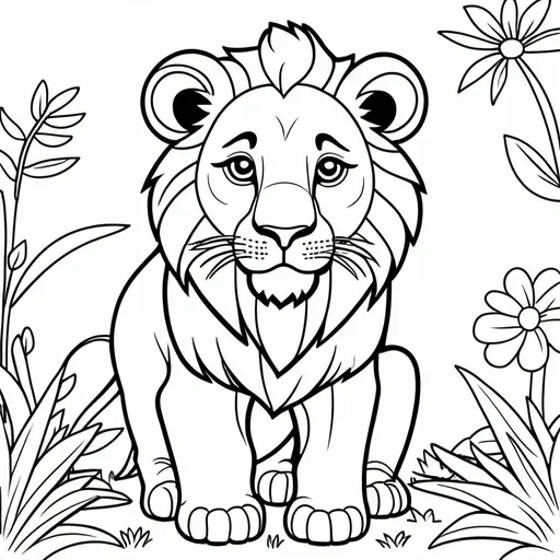Prompt: create a simple, cute, but realistic, large, animal drawing of a lion in thick black outline, black lines only leaving space for kids to color in, include minimal landscaping relating to the animal. Drawings to be suitable for a kids coloring book ages 2-5, make sure not to use existing works.
