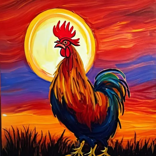 Prompt: expressionism painting of a rooster calling in the morning greeting the morning sun against a red sky as a background