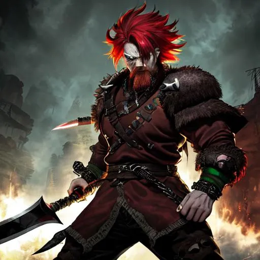 Prompt: sinister viking man, chaotic evil, red hair, short messy hair, neon green bandana around the neck, dark brown eyes with green highlights, dark brown long-sleeve shirt, pants, leather armor, two daggers, dozen throwing knives