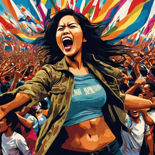 Prompt: RAW photo, dutch angle, pretty young demonstrator, Indonesian woman, 25 year old, (round face, high cheekbones, almond-shaped brown eyes, small delicate nose, long wavy black hair), shouting, energetic and expressive, crowded protest rally, colorful protest signs and banners, (vibrant colors, dynamic composition), masterpiece, intricate detail, hyper-realistic, photorealism, hyper detailed texturing, high resolution, best quality, UHD, HDR, 8K, award-winning photograph, octane render