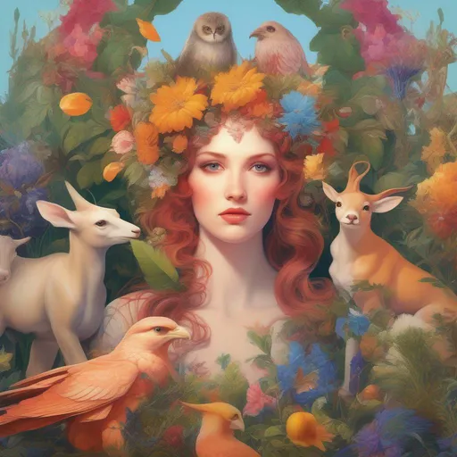 Prompt: Colorful and beautiful Persephone as an angle surrounded by plants and animals