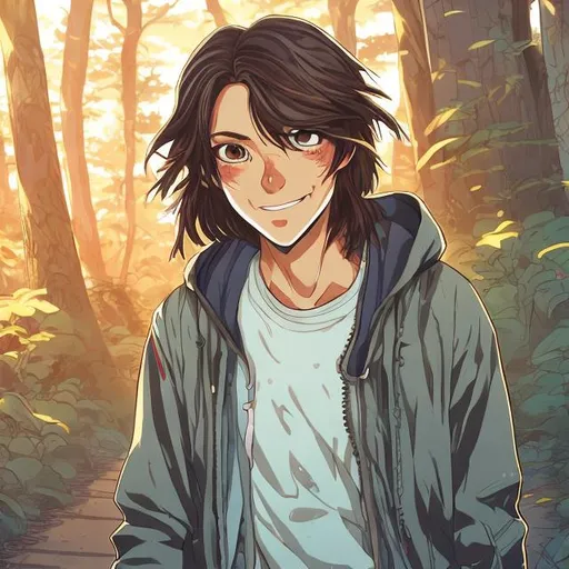 Prompt: Anime illustration of a 30-year-old skateboarder with long brown hair, walking a forest trail, detailed facial features, vibrant colors, high quality, anime, detailed hair, realistic forest setting, serene lighting, ghost, apparition, 