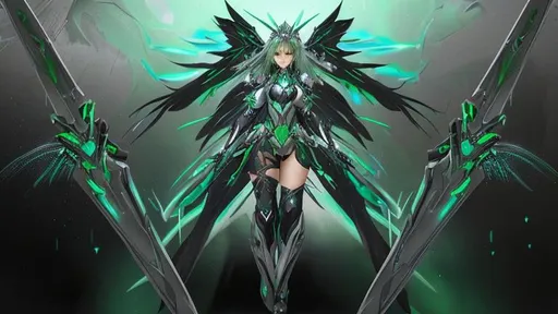 Prompt: female, long silver and green glowing hair, wearing black gloves, green and silver scifi armor, V1 pneuma wings, Xenoblade 2 , conceptart , scifi sword