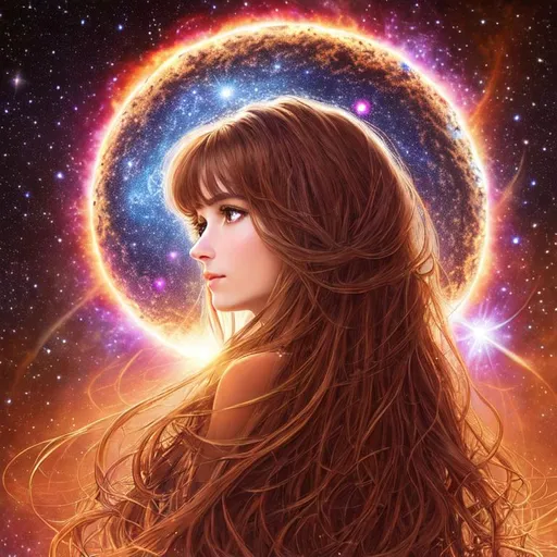 Prompt: newton formula nova clusters fractal background and fractally arrayed galaxies and planets, A woman, with chocolate brown fractal long hair with stars and sun that goes all the way down to my bottom..