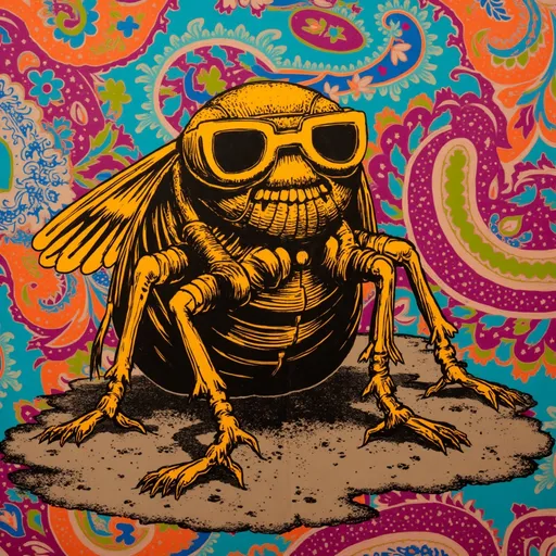 Prompt: A cicada wearing yellow framed glasses emerges from the ground after years in hibernation 