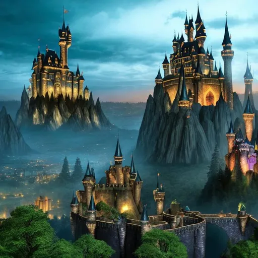 Prompt: a giant magical castle shaped like a skull, towering over the surrounding forest, photorealistic, ominous, deep colors, city shaped like a skull, the entire city is shaped like a skull