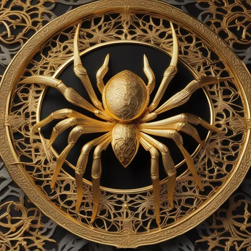 Prompt: A Giant Foreboding Spider Deity, golden filigree intricate details, style of LotR, 