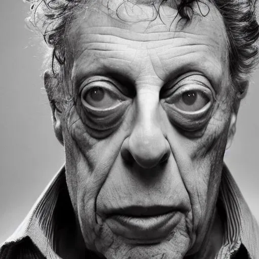 Prompt: photo realistic portrait of {Philip Glass}, centered in frame, facing camera, symmetrical face, ideal human, 85mm lens,f8, photography, ultra details, natural light, light background, photo, Studio lighting