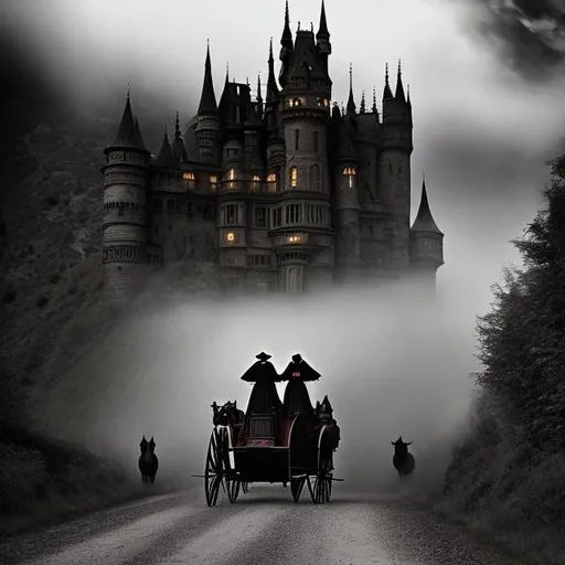 Prompt: ((Best Quality)), ((The masterpiece)), ((realistic)) ((victorian vampiric Dracula Gothic carriage)) with Mina Harper interior, Dracula's  Brides flying over trying to attack Mina, and  2 black horses pulling the carriage, in the fog year 1880, going to a ((Gothic Dracula Castle)), ((Bram Stocker  inspired movie Dracula))((hightly detailed)), ((outstanding)), ((Cinematic )) ,((Gorgeus)), Realistic, HDR.
