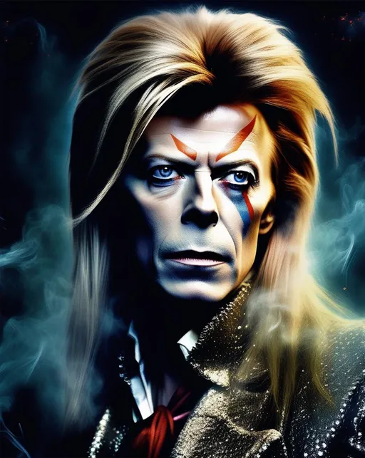 Prompt: A glamorous digital portrait of David Bowie as the mesmerizing Goblin King from the classic 1986 fantasy film Labyrinth. Dramatic lighting and smoke effects emphasize his eccentric look. (((Piercing eyes))) stand out against the dark background. Colorful, imaginative style pays homage to the iconic character.