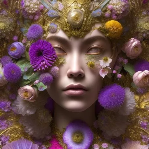 Prompt: The flowers that in bloom were strange but gorgeous, detailed scene, digital painting, hyperrealistic, fantasy, Surrealist, by Ciro Marchetti and Stanley Artgrem Lau, artstation, highly detailed, sharp focus, floral, stunningly beautiful, peaceful, iridescent gold, cinematic lighting, light