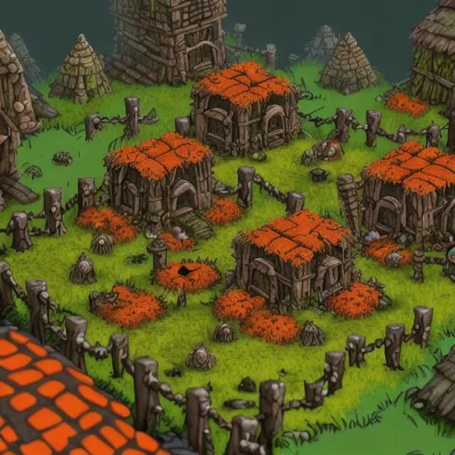 Prompt: Gnoll Zombie jungle village covered in orange moss