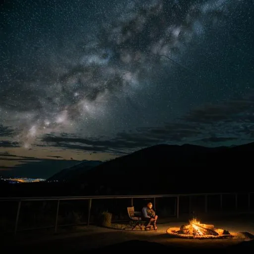 Prompt: long wide view photo highway, quiet, night, starry sky, full moon, serene atmosphere with the silhouette of the hills seen in the distance people who were sitting by the fire ultra hd