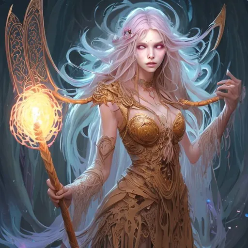 Prompt: Full body splash art of a youthful very pretty sweet female undead sorceress casting a spell, very long honey-colored hair with a fringe, wearing long light-colored iridescent pastel robes, carrying a wooden staff, heroic, D&D, fantasy, intricate, highly detailed, sharp focus, digital painting, oil painting, master piece, artstation, concept art, 4k, 8k